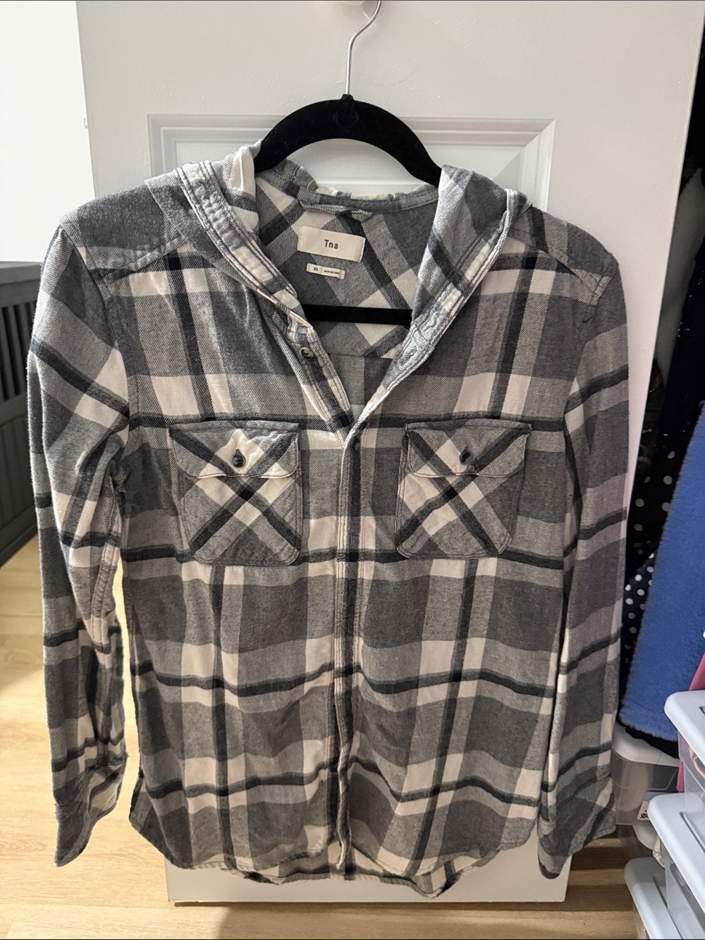 TNA Black & White Plaid Hooded Button Shirt